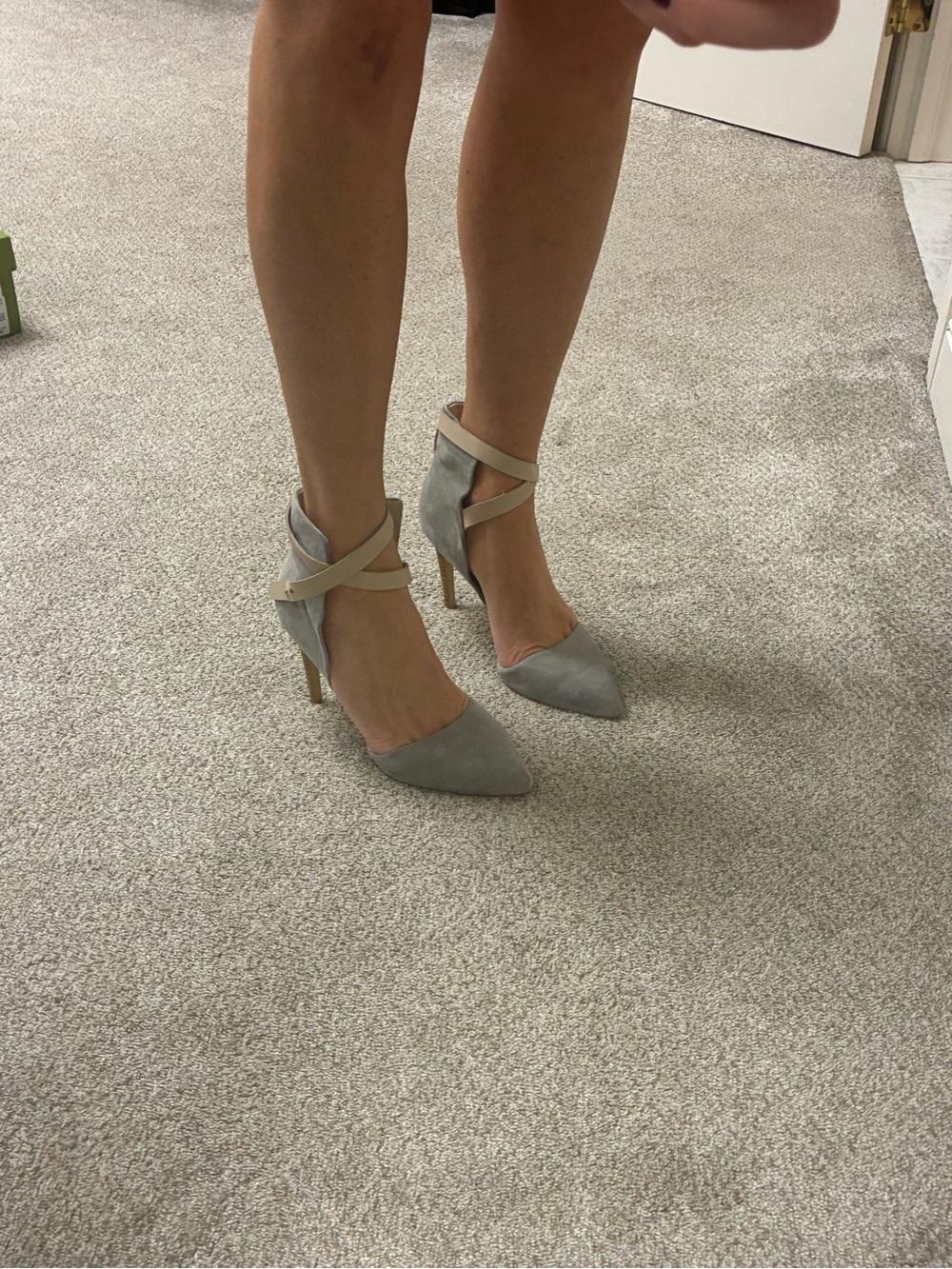 Joes Jeans Pointed Toe Ankle-Strap Pumps in Light Gray and Cream